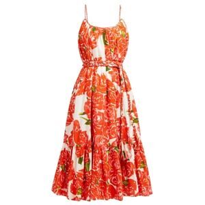 Rhode Lea Dress sz S Red Floral Roses Midi Full Skirt Wedding Shower Graduation